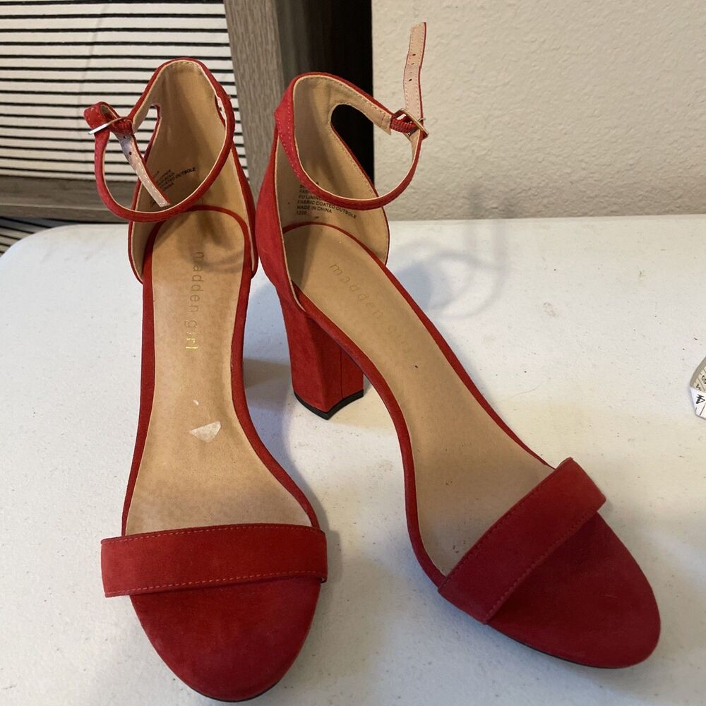Red Block heels with ankle strap Madden Girl Velour suede Feel Size 9M